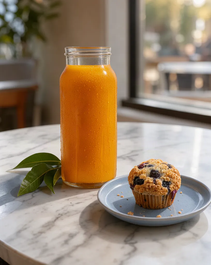 FLUX 3 Klein image from 2 references: the juice bottle and the muffin plate together on a marble café table by a window