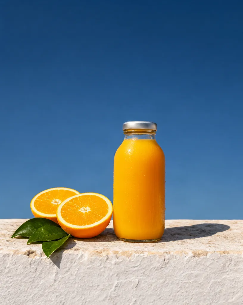 Krea 3 image: a capped bottle of orange juice on a white stone ledge, two orange halves and leaves, plain deep blue sky behind