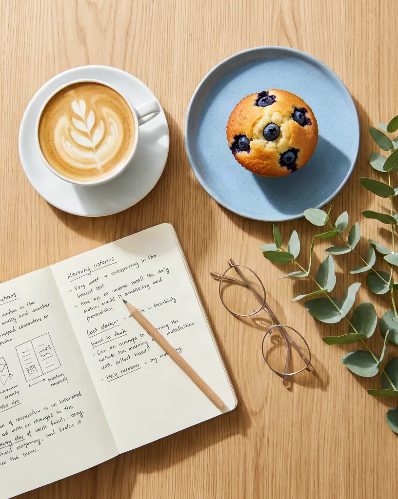 Krea 3 edit: a smooth yellow muffin with round blueberries on the blue plate, the whole layout shifted slightly up the frame