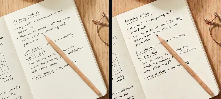 Side by side crops of the notebook page before the edits and after 3 edits: the handwriting has been redrawn and some words changed