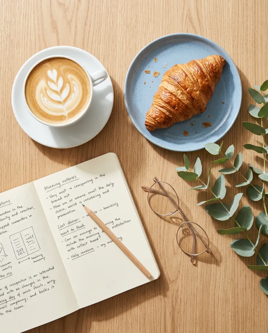 Nano Banana 2.1 flat lay: latte in a white cup, a croissant on a blue plate, an open notebook, round glasses and eucalyptus on an oak table
