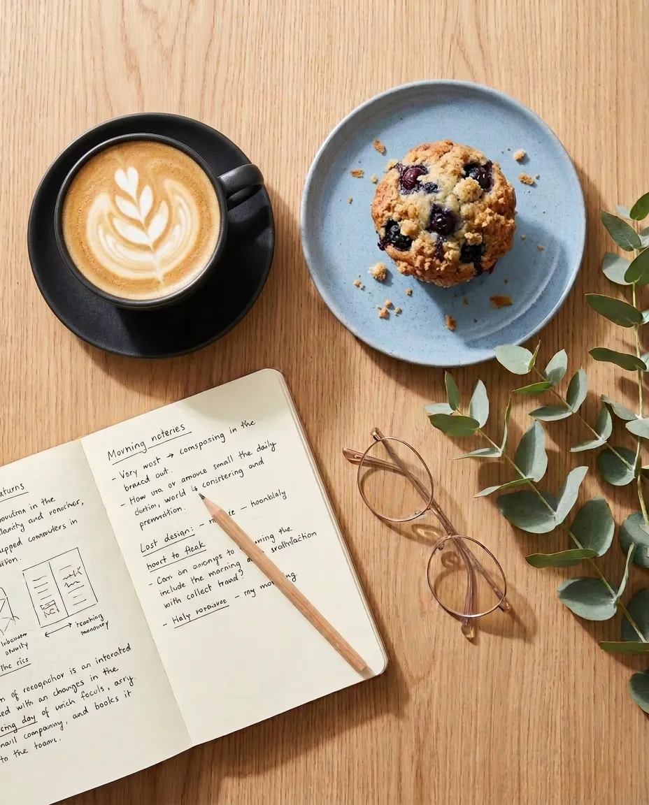 The flat lay after edit 2: the coffee cup and saucer are now matte black