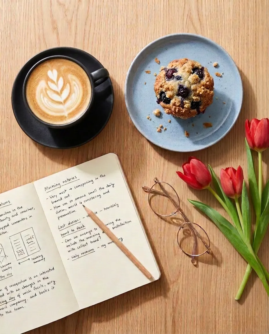 The flat lay after edit 3: three red tulips lie on the table where the eucalyptus was