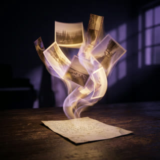 Photo prints and film frames rising from a handwritten note