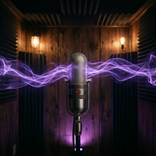 A studio microphone with glowing sound waves