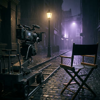 A film camera on a dolly in a rain-wet street at night