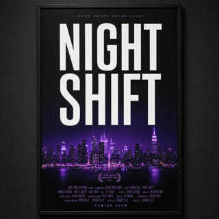 A film poster reading Night Shift over a neon skyline